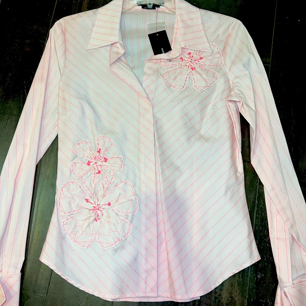 BCBG embroidered flowers pink button-down with slight stretch for perfect fit.